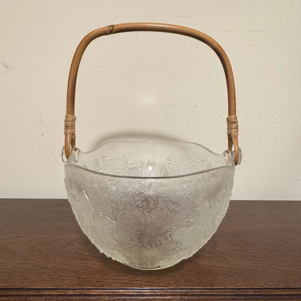 Vtg Frosted Clear Glass Holiday Basket Holly Berry Christmas Bells Woven Handle